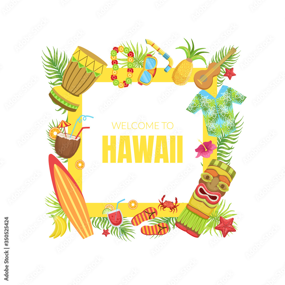 Obraz premium Hawaii Travel Banner Template with Travelling Symbols of Square Frame Vector Illustration