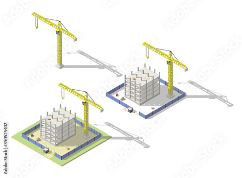 Vector isometric low poly construction yard. Monolithic frame building and tower crane.