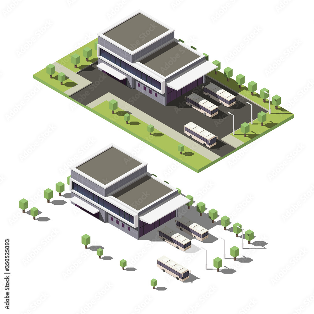 Isometric bus terminal with city buses. Isometric bus terminal with city buses.