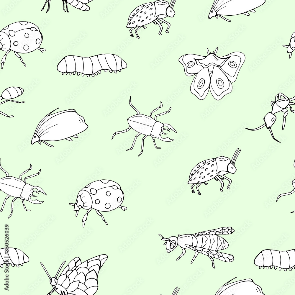 Obraz premium Seamless pattern with insects on a blue background. Vector illustration with insects. Design of packaging paper for children. Printing on fabrics, clothing, and dresses. Doodle style. 