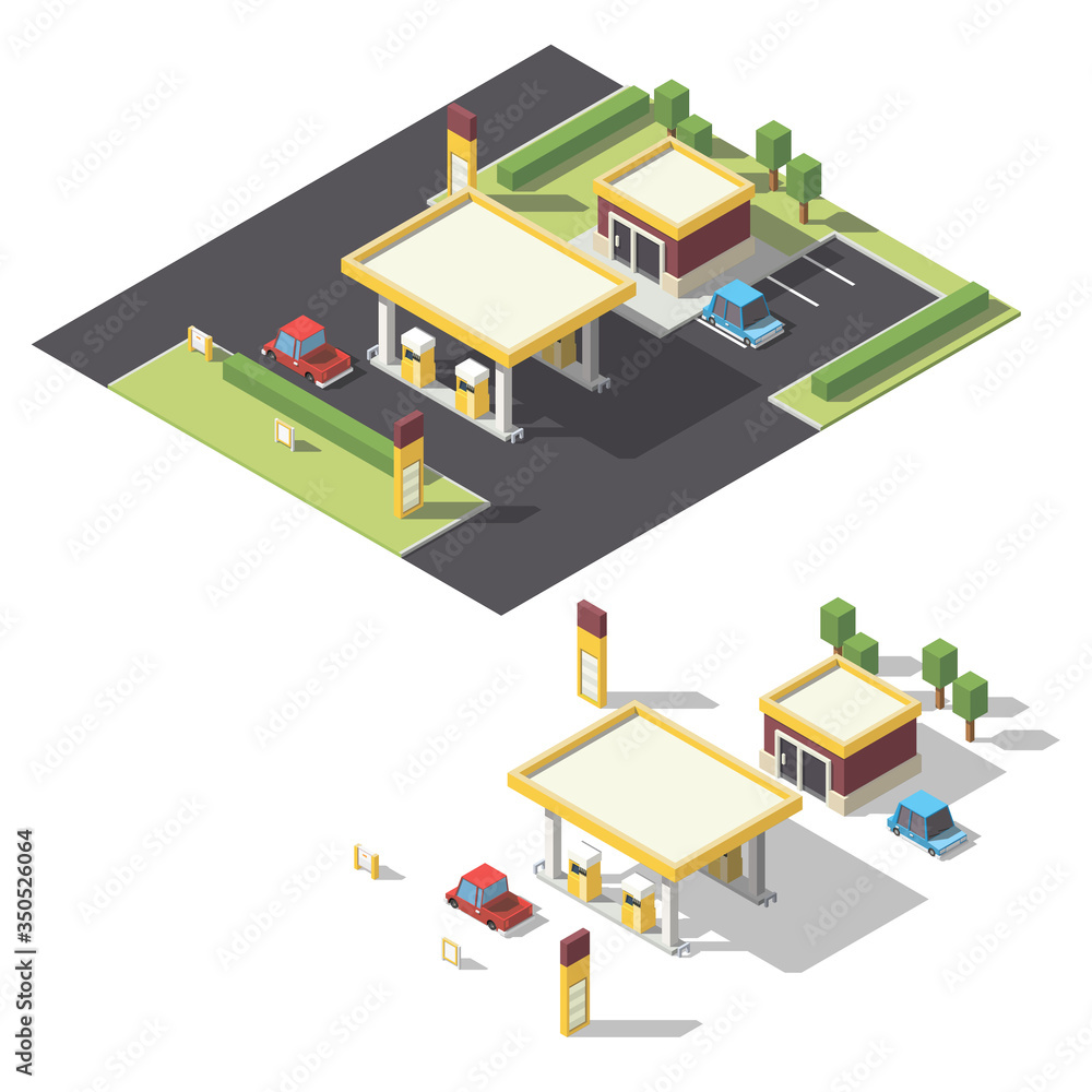 Vector isometric low poly petroleum filling station. Gas station, cars and shop. Flat 3d isolated infographics element.
