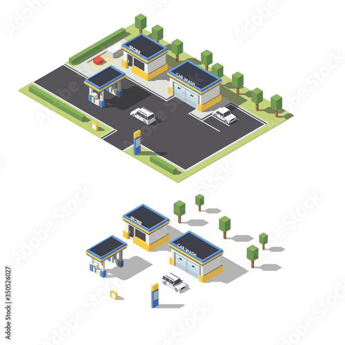 Vector isometric low poly petroleum filling station. Gas station, car wash and store. Flat 3d isolated infographics element.