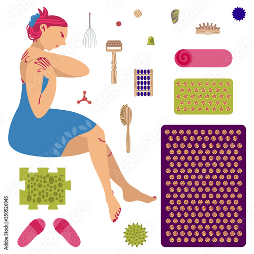 The girl does self-massage. A set of massagers and applicators for massage and self-massage. Vector illustration.