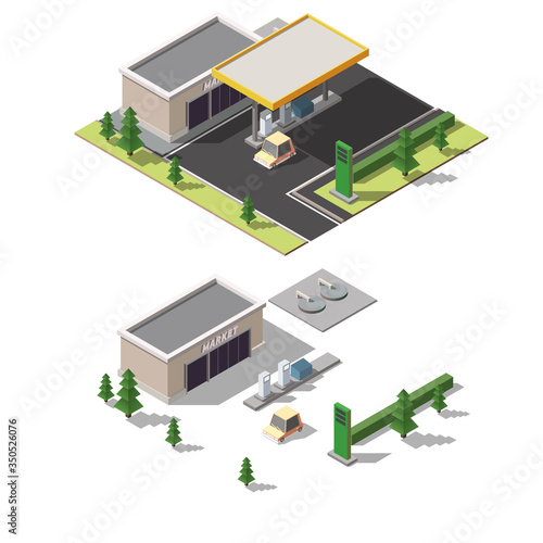 Vector isometric icon low poly petroleum filling station. Gas station and shop. Flat 3d isolated infographics element.