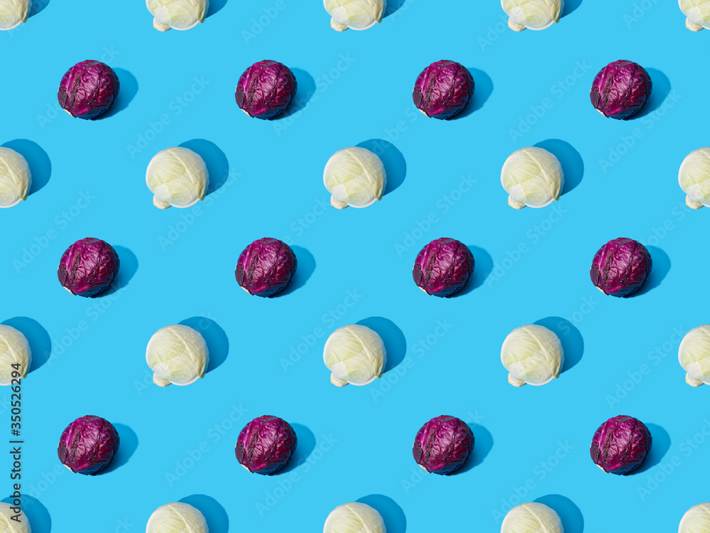 top view of whole ripe cabbage on blue colorful background, seamless pattern top view of whole ripe cabbage on blue colorful background, seamless pattern
