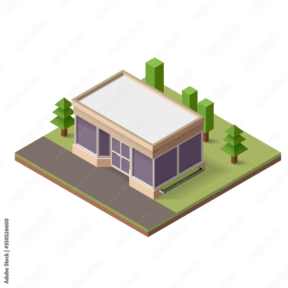 Vector isometric small roadside store. Cafe in the woods. Small town retail building. Vector isometric small roadside store. Cafe in the woods. Small town retail building.