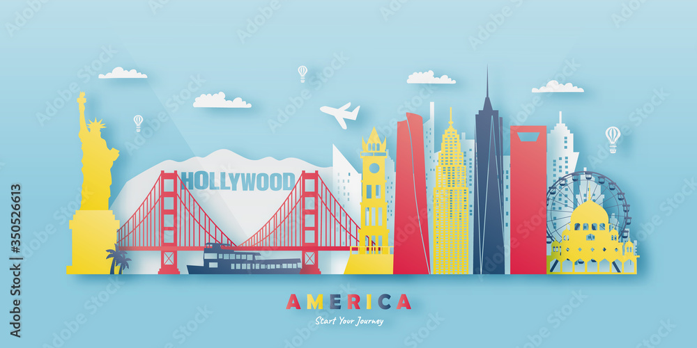 Fototapeta USA America Travel postcard, poster, tour advertising of world famous landmarks. Vectors illustrations