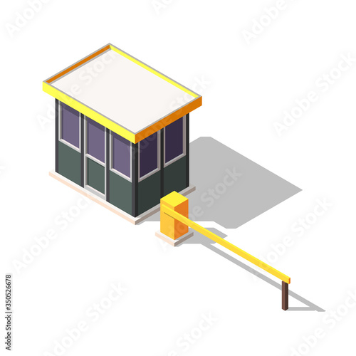 Isometric security cabin with automatic barrier. Vector illustration of security post.