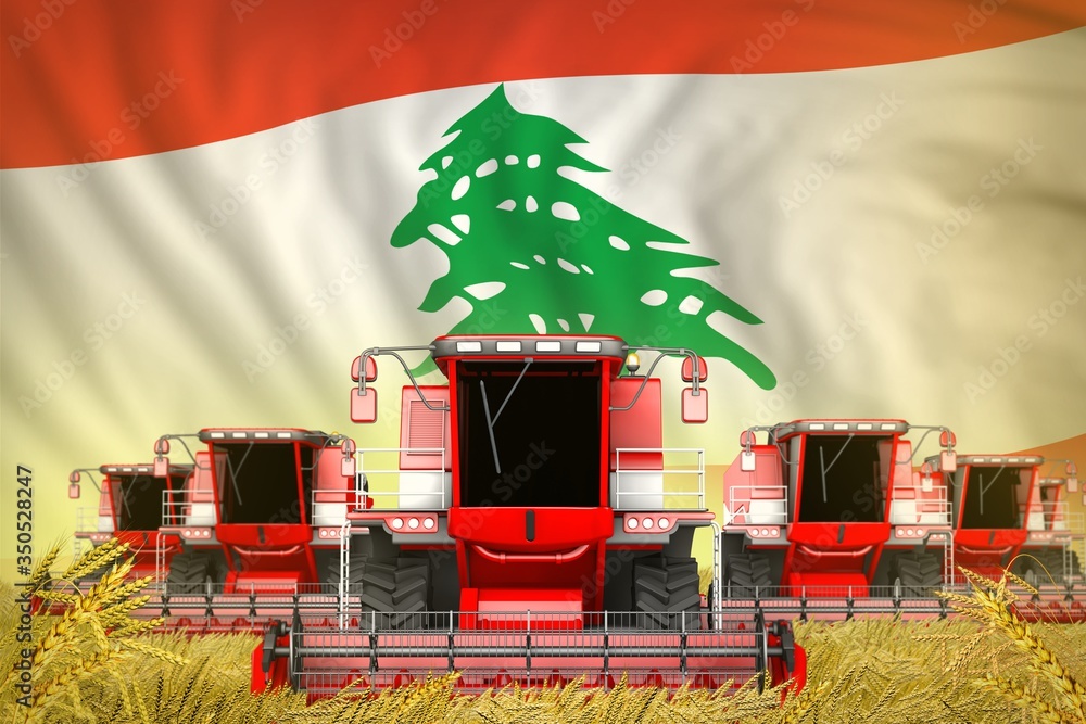 industrial 3D illustration of a lot of red farming combine harvesters on wheat field with Lebanon flag background - front view, stop starving concept