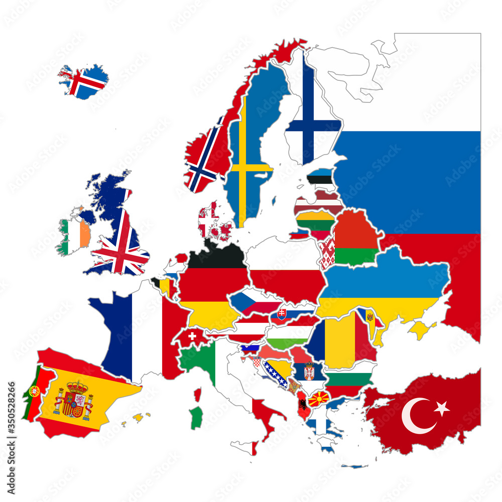 Obraz premium Detailed silhouettes of europe countries with national flags, europe map iso on white