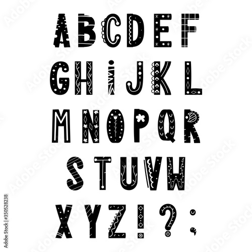 Font in scandinavian style. Cute hygge abc. Folk letters set. Can be used for christmas card, print, poster, typography. Hand drawn doodle. Vector illustration. Text with fun ornament.