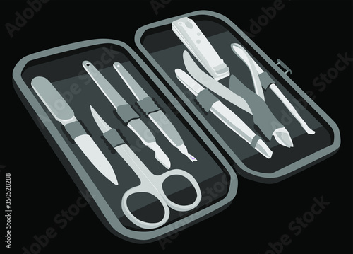Set of manicure and pedicure tools and accessories vector illustration isolated on white background. Manicure scissors, eyebrow tweezers and nail clippers, beauty salon kit in zip bag. Nail care set.