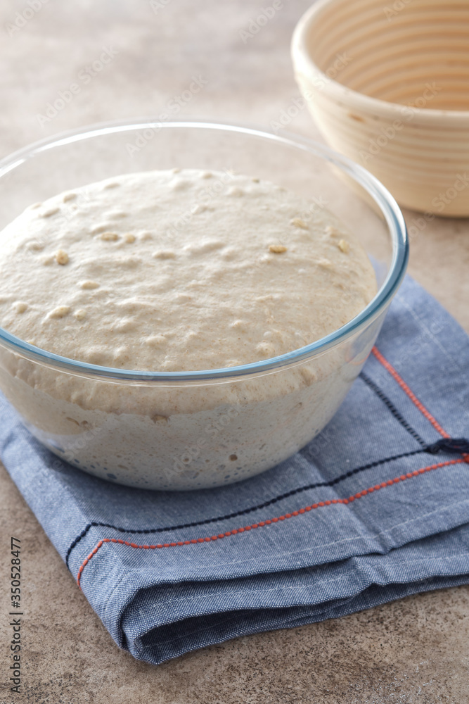 Raw dough for whole wheat rye bread in a bowl.