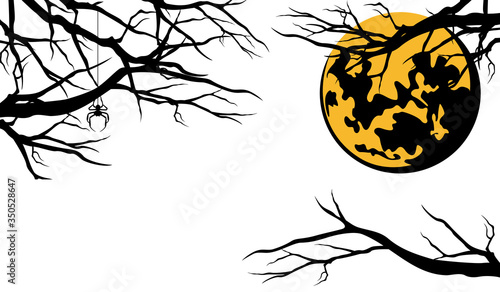 bare tree branches, spider and fool moon - halloween night in the woods vector design set