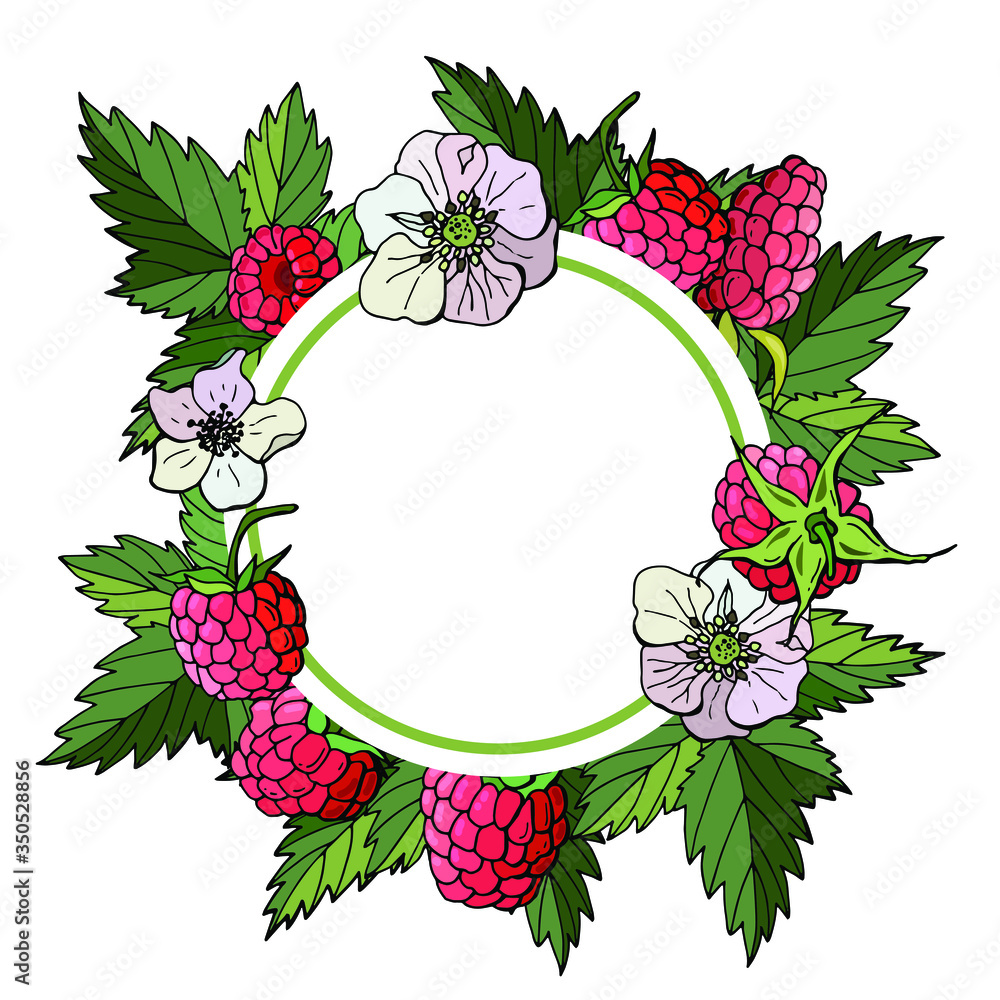 Round card with berries, flowers and raspberry leaves. Cartoon style. Stock illustration. Round card with berries, flowers and raspberry leaves. Cartoon style. Stock illustration.