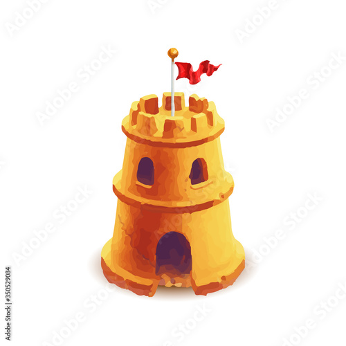 Bright cute sand castle with red flag on white