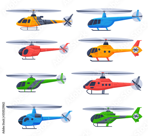 Leinwand Poster Helicopters Aircrafts Collection, Flying Colorful Choppers, Air Transportation F