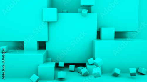 Abstract three-dimensional background of turquoise color. three-dimensional cubes. 3d render illustration