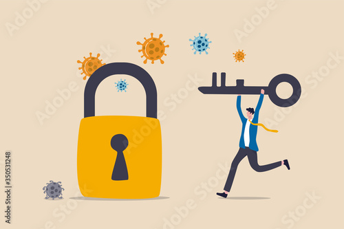 Unlock or reopen COVID-19 Coronavirus lockdown, restart business as usual to restore economic recession after Coronavirus crash concept, businessman leader holding key to unlock and reopen business.