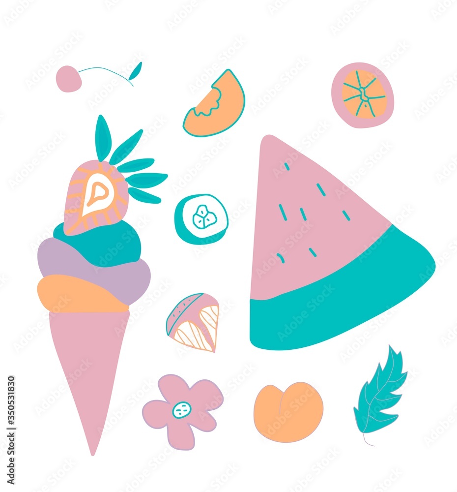 Set of cute ice cream, strawberry and orange slices. Clip art food illustrations in flat style in blue, pink and lilac shades. Design for menus, posters, web, social networks, banner.