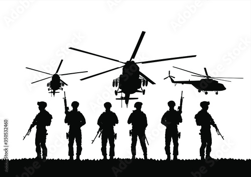 Army soldiers with sniper rifle on duty vector silhouette (Memorial Veterans day, 4th of July Independence day) Soldier keeps watch on guard. Rangers on border. Commandos team unit. Special force crew