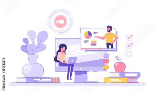 Girl student studying at home with her laptop with piles of books and  pc on the background. E-learning, webinar, online video training, distance education concept. Modern vector illustration.