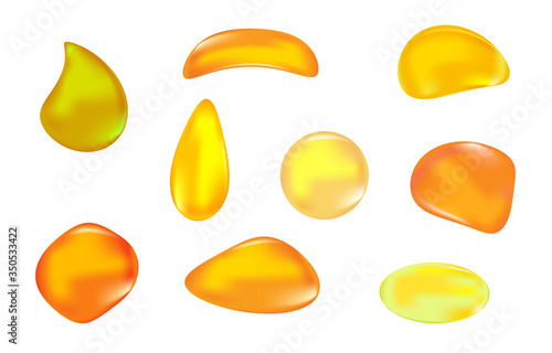 Set amber stone isolated on white background. Collection of honey drops. Golden liquid essence, oil or lubricant droplets. Petrous resin for design. Gemstone or mineral bubble. Stock vector