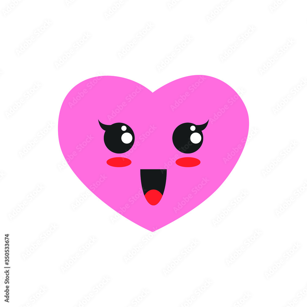 Fototapeta premium Vector flat cartoon cute pink heart with face isolated on white background