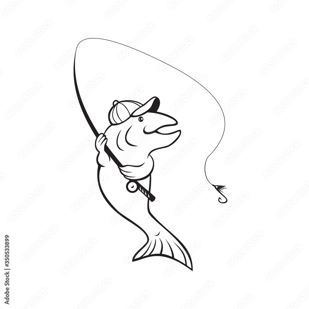 Trout Fish With Fishing Rod and Reel Cartoon Black and White Stock Vector