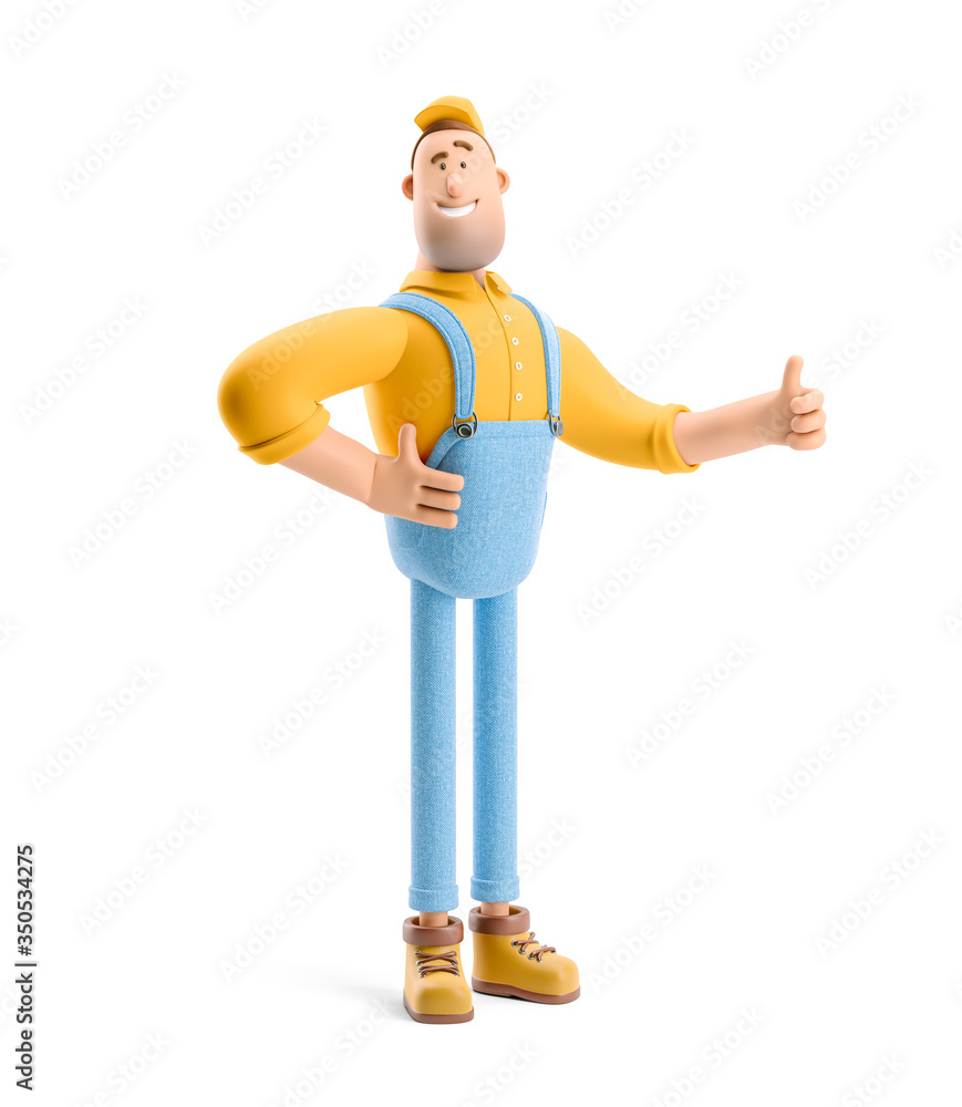 3d illustration. Cartoon character. Deliveryman in overalls holds thumb up. - obrazy, fototapety, plakaty 