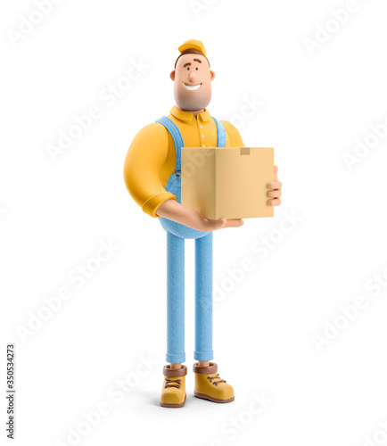 3d illustration. Cartoon character. Deliveryman in overalls holds a box with a parcel in his hands.