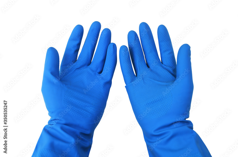 Obraz premium Coronavirus protective measures.Hands in blue medical gloves isolated on a white background.