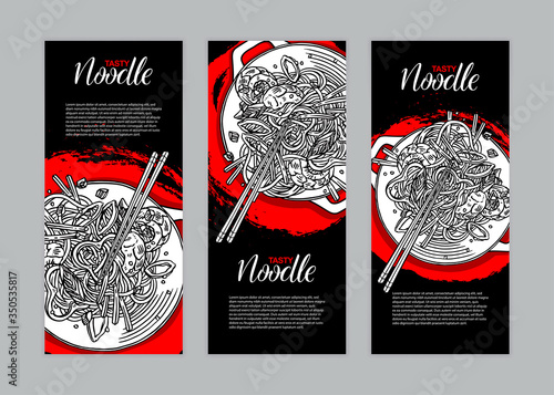 three banners with asian noodles