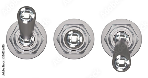 Toggle switch on and off on a white background, 3D render