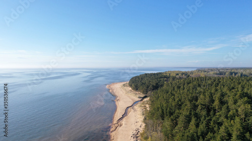 Aerial view of beautiful sea landscape. Drone view of a sandy beach, green trees and silent sea in a sunny day with blue sky. Vacation. Traveling. Outdoor recreation. 