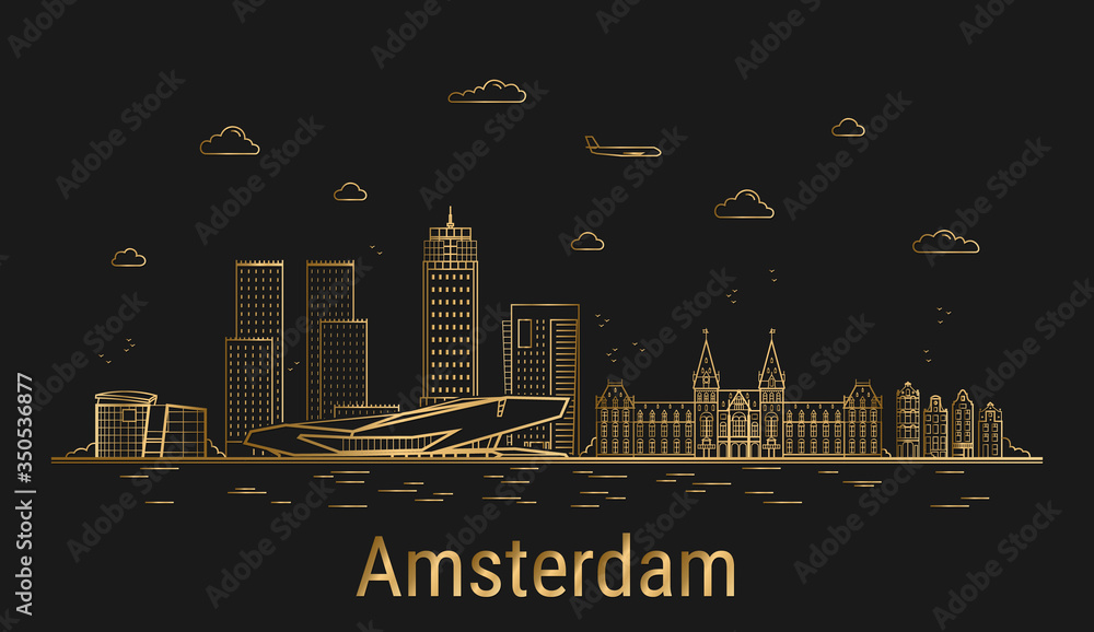 Amsterdam city line art, golden architecture vector illustration, skyline city, all famous buildings.