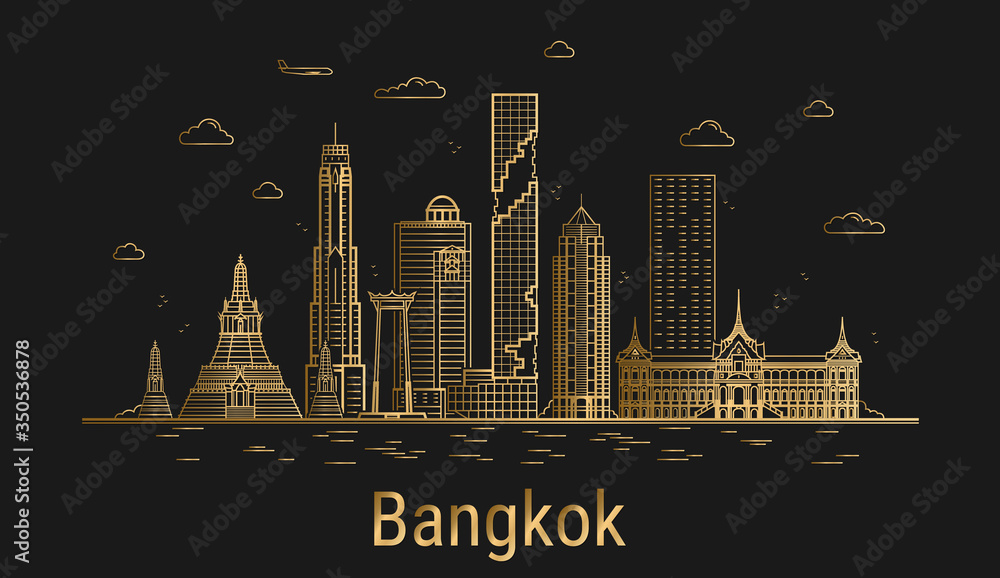 Obraz premium Bangkok city line art, golden architecture vector illustration, skyline city, all famous buildings.