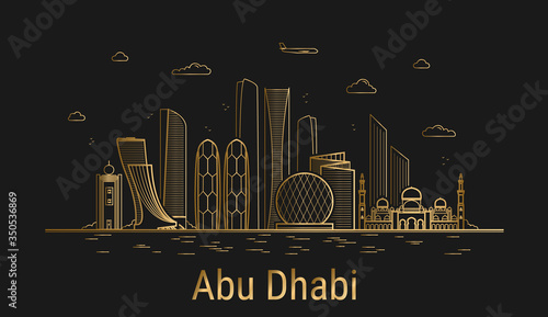Abu Dhabi city line art, golden architecture vector illustration, skyline city, all famous buildings.