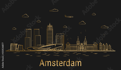 Amsterdam city line art, golden architecture vector illustration, skyline city, all famous buildings.