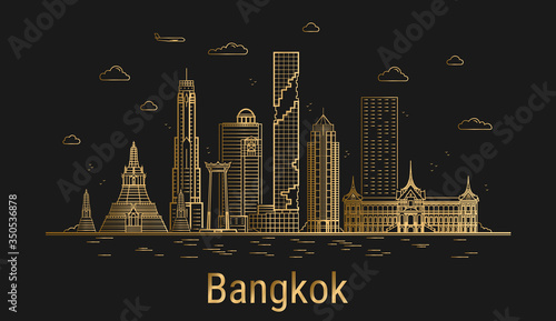 Bangkok city line art, golden architecture vector illustration, skyline city, all famous buildings.