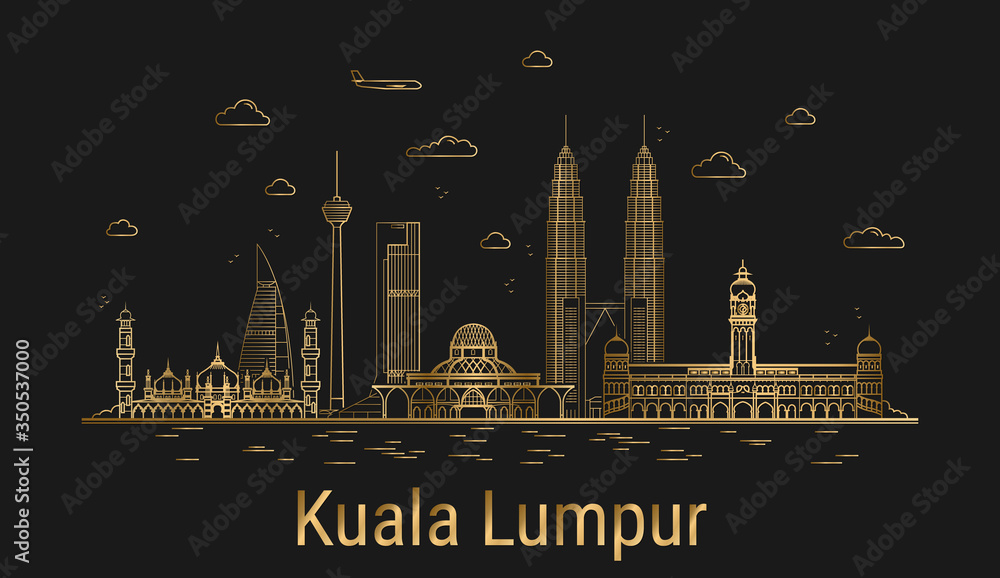 Obraz premium Kuala Lumpur city line art, golden architecture vector illustration, skyline city, all famous buildings.