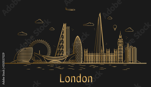 London city line art, golden architecture vector illustration, skyline city, all famous buildings.