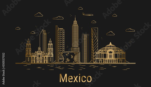 Mexico city line art, golden architecture vector illustration, skyline city, all famous buildings.