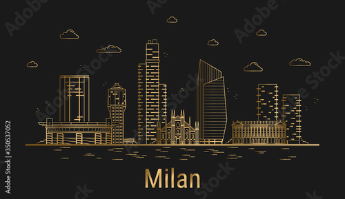 Milan city line art, golden architecture vector illustration, skyline city, all famous buildings.