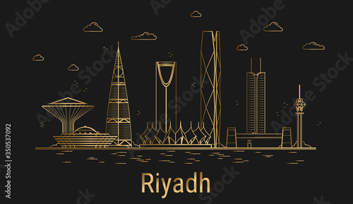 Riyadh city line art, golden architecture vector illustration, skyline city, all famous buildings.