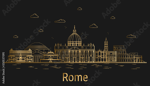 Rome city line art, golden architecture vector illustration, skyline city, all famous buildings.