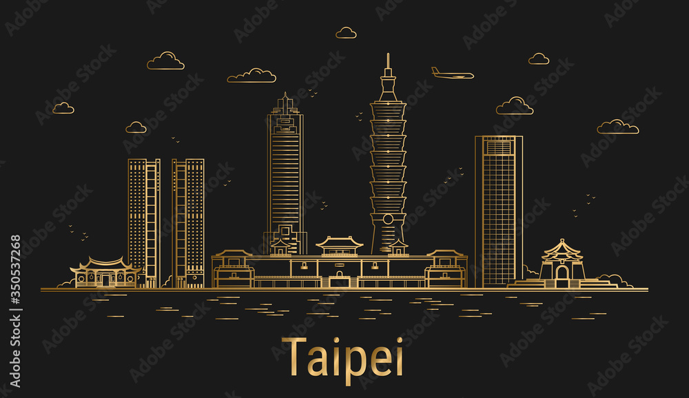 Obraz premium Taipei city line art, golden architecture vector illustration, skyline city, all famous buildings.