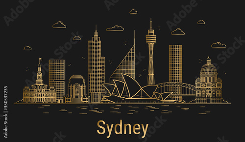Sydney city line art, golden architecture vector illustration, skyline city, all famous buildings.