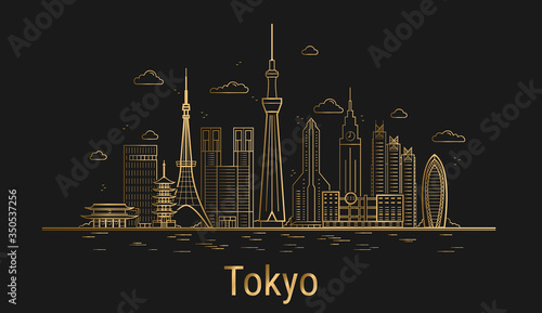 Tokyo city line art, golden architecture vector illustration, skyline city, all famous buildings.