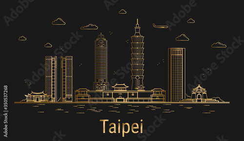 Taipei city line art, golden architecture vector illustration, skyline city, all famous buildings.